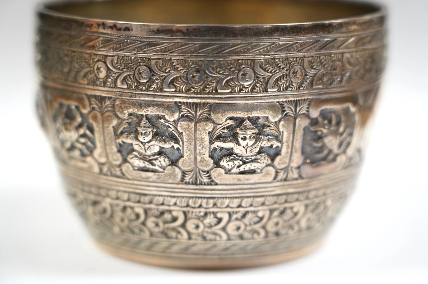 A Victorian silver sugar bowl, embossed with figures and animals, Martin Goldstein, London, 1880, 10.3cm, 5.1oz. Condition - fair to good